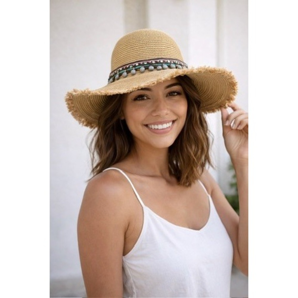 Marciano‎ Tan Straw Hat with Gray and Blue Details